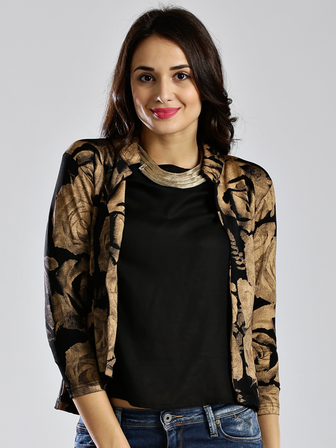 

Ira Soleil Black & Beige Floral Print Jacket