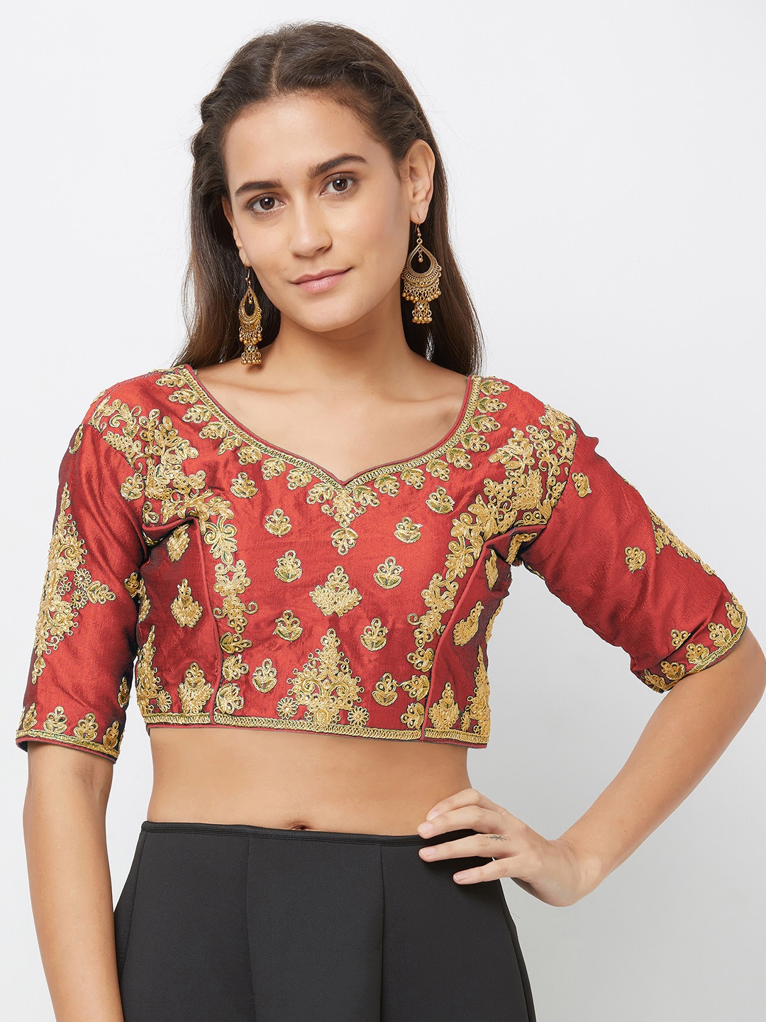 

MIRCHI FASHION Women Red Zari Embroidered Raw Silk Readymade Saree Blouse