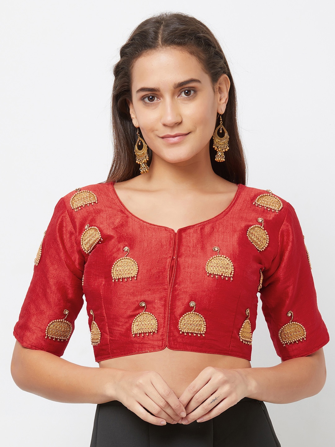 

MIRCHI FASHION Women Red Zari Embroidered Raw Silk Readymade Saree Blouse