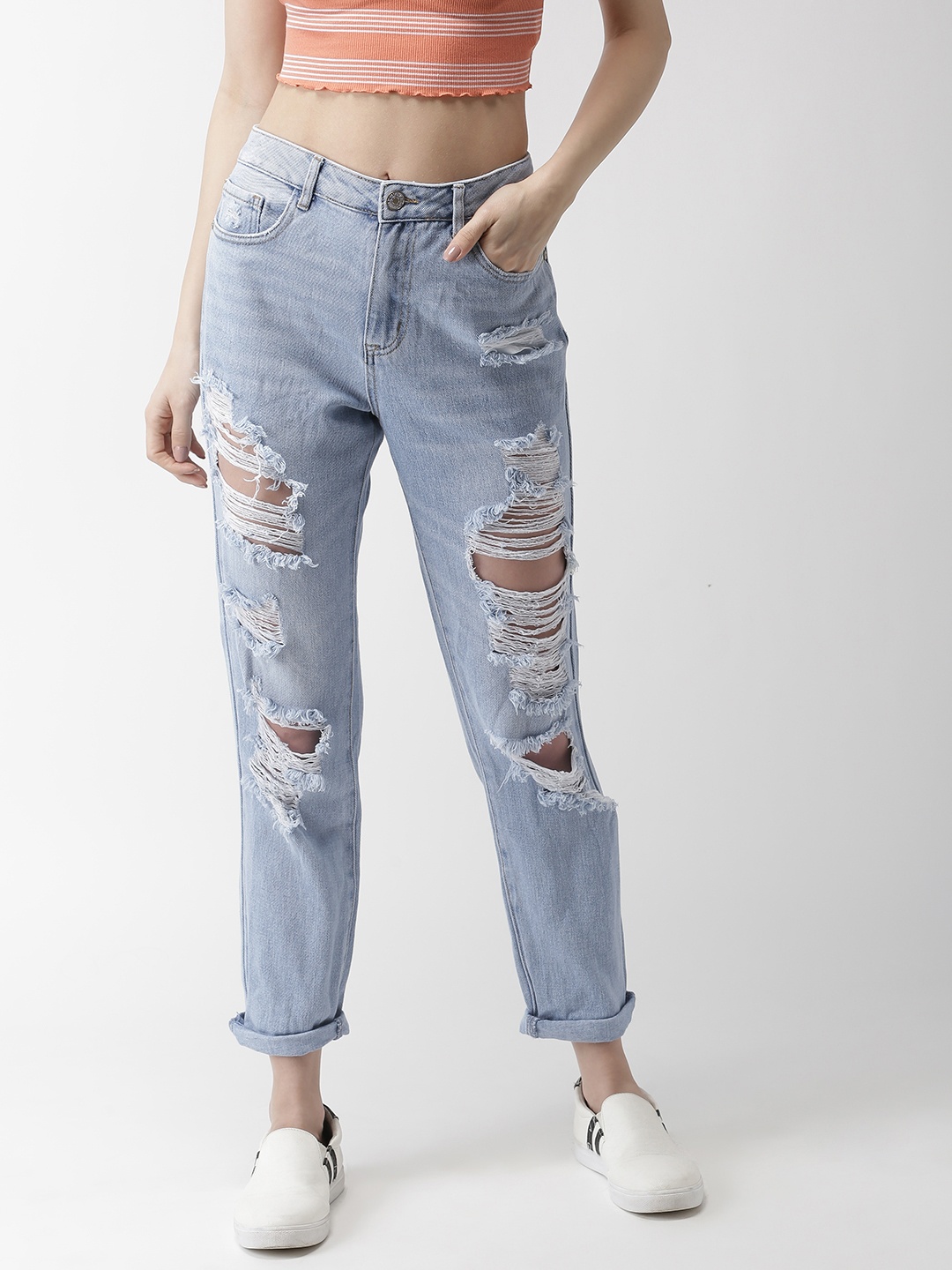 

FOREVER 21 Women Blue Regular Fit Mid-Rise Highly Distressed Stretchable Jeans