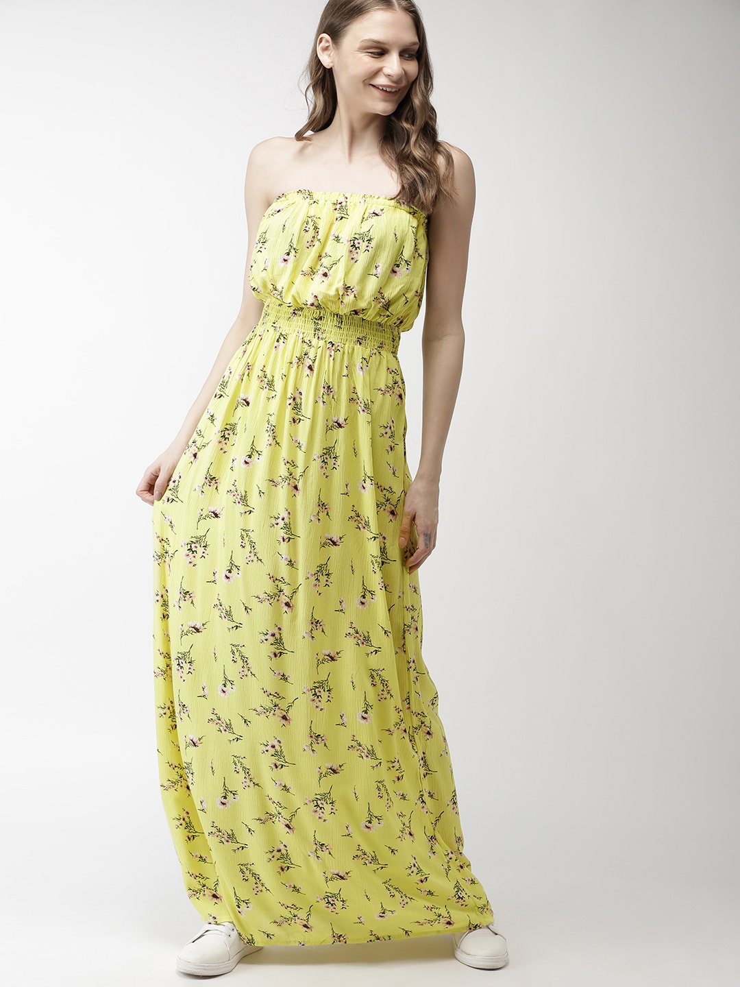 

FOREVER 21 Women Yellow & Peach-Coloured Floral Printed Maxi Dress