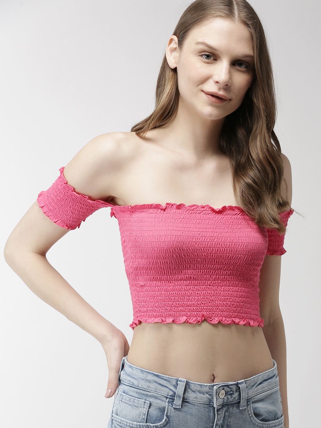 

FOREVER 21 Women Pink Solid Smoking Knitted Bardot Top