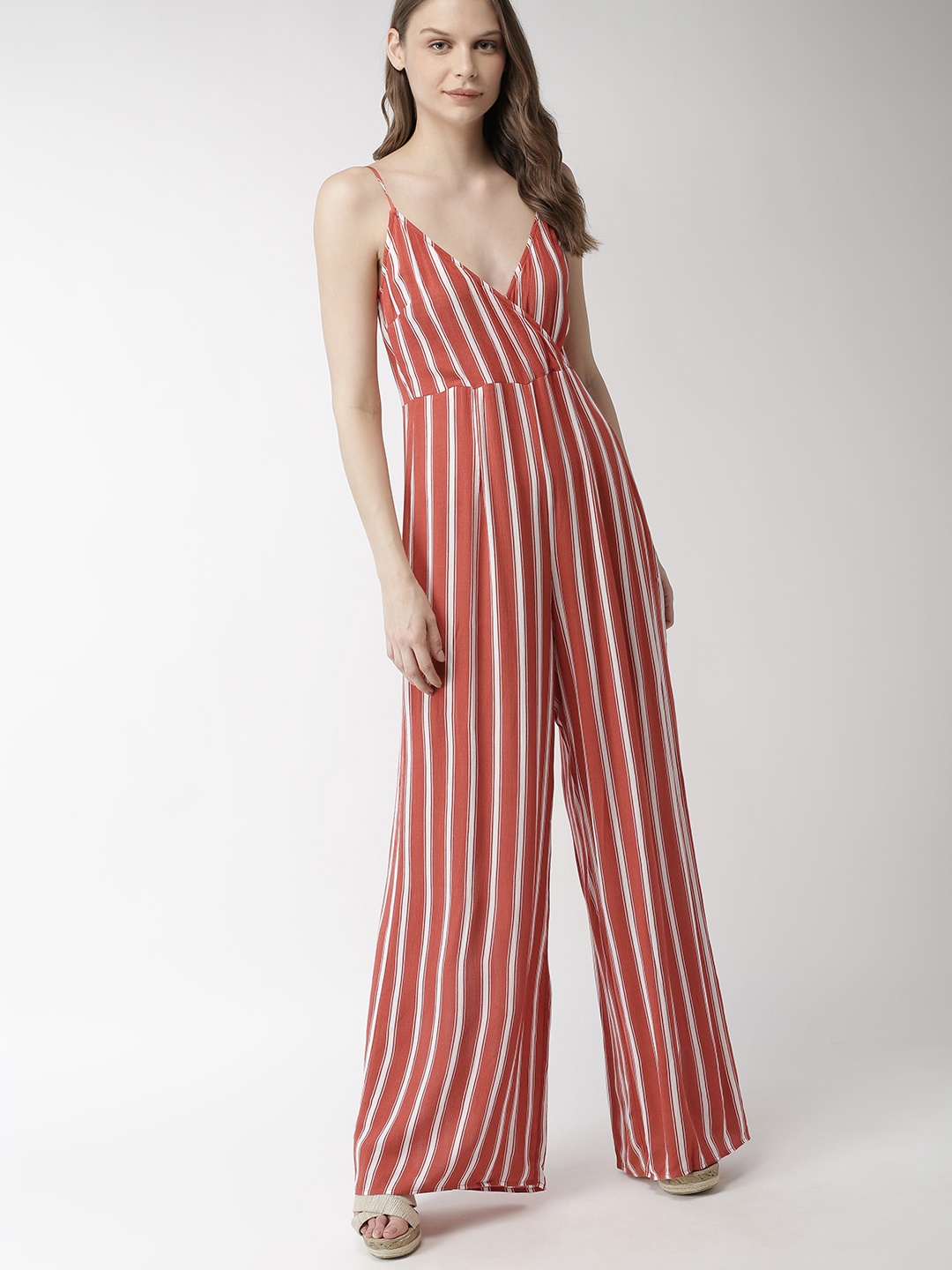 

FOREVER 21 Women Rust Orange & White Striped Basic Jumpsuit