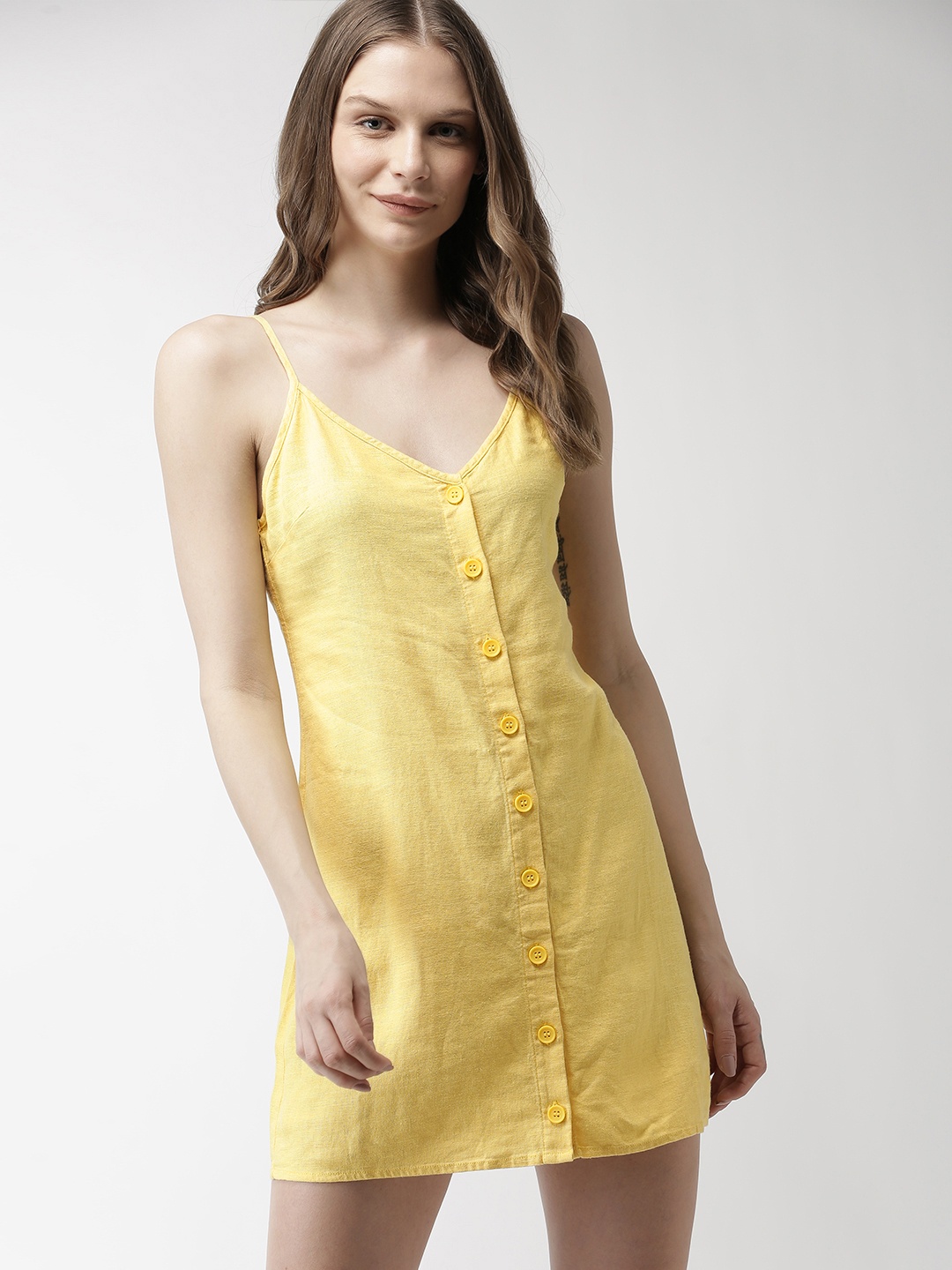 

FOREVER 21 Women Yellow Solid A-Line Dress