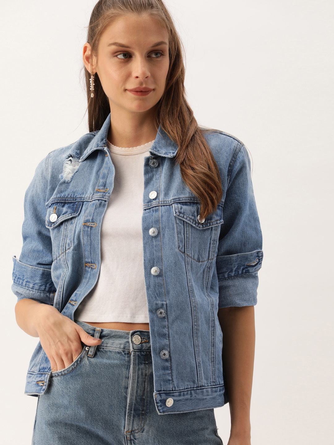 

FOREVER 21 Women Blue Faded Ripped Denim Jacket
