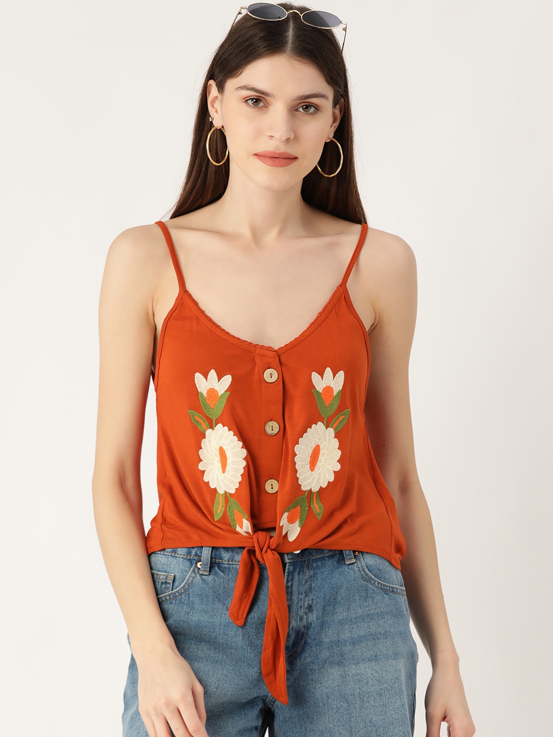 

FOREVER 21 Women Rust Orange Embroidered Waist Tie-Up Top