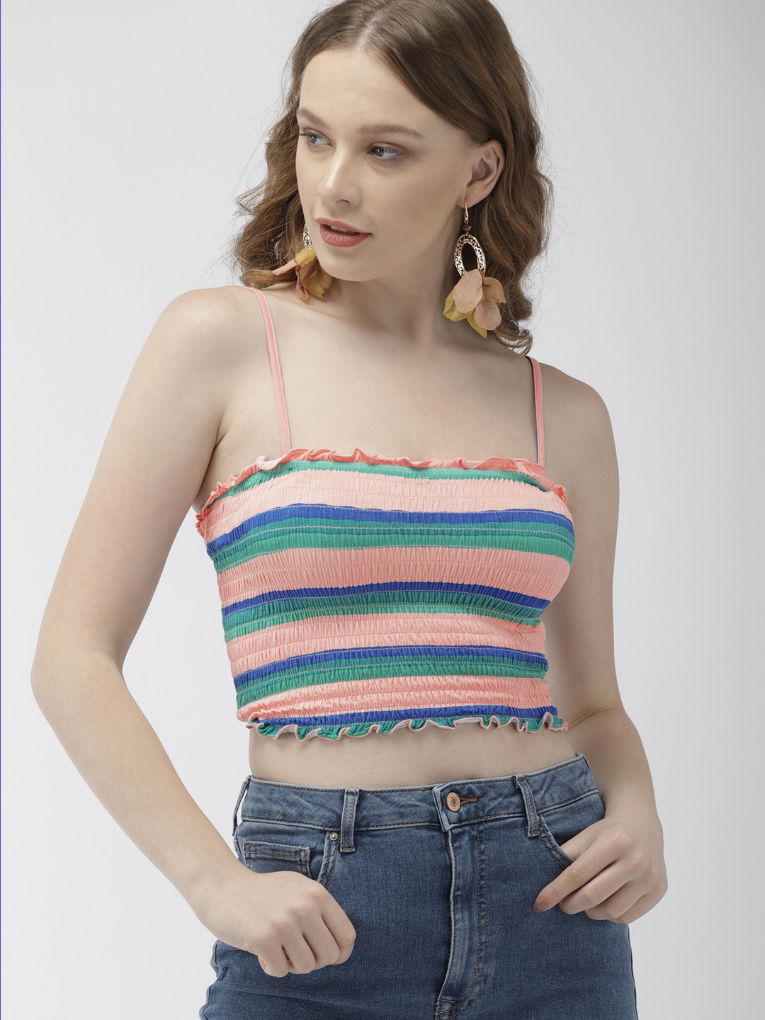 

FOREVER 21 Women Peach-Coloured & Blue Striped Smocked Fitted Crop Top
