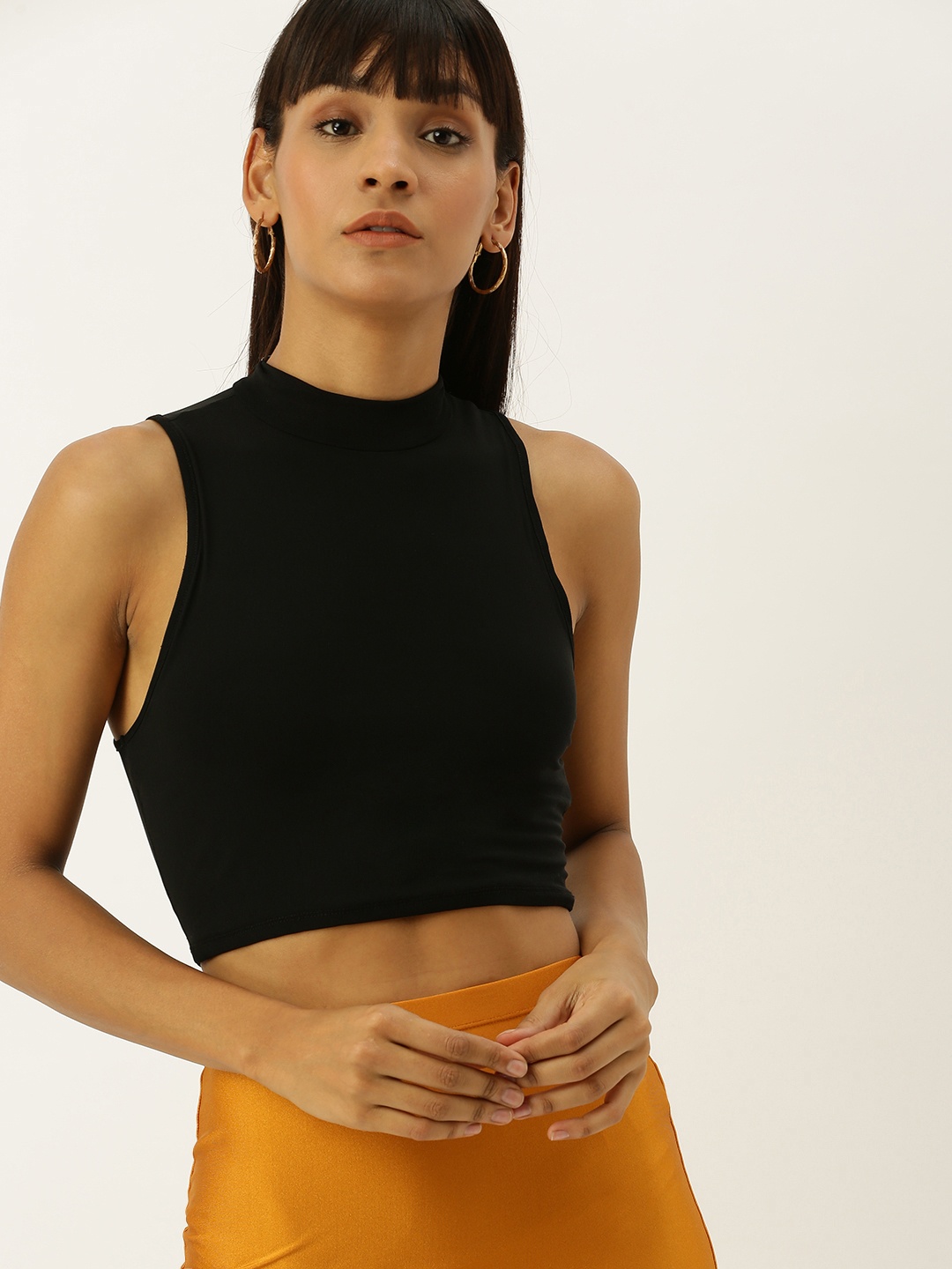 

FOREVER 21 Women Black Solid Semi Sheer Cropped Fitted Top