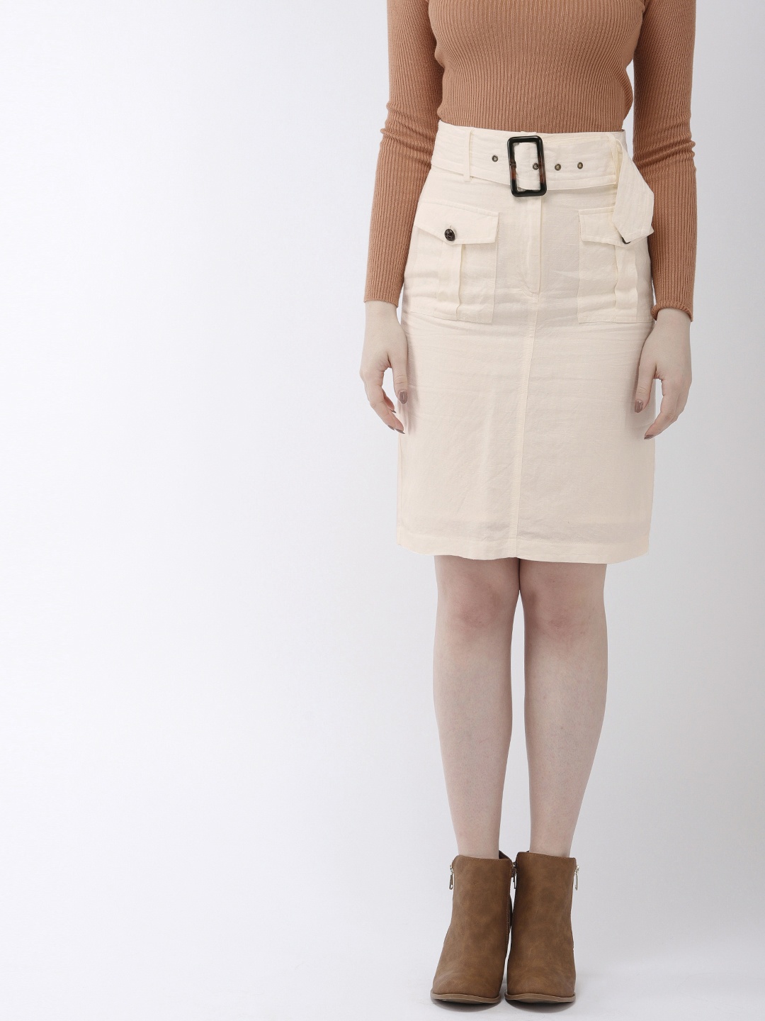 

FOREVER 21 Women Cream-Coloured Solid Knee-Length Straight Skirt