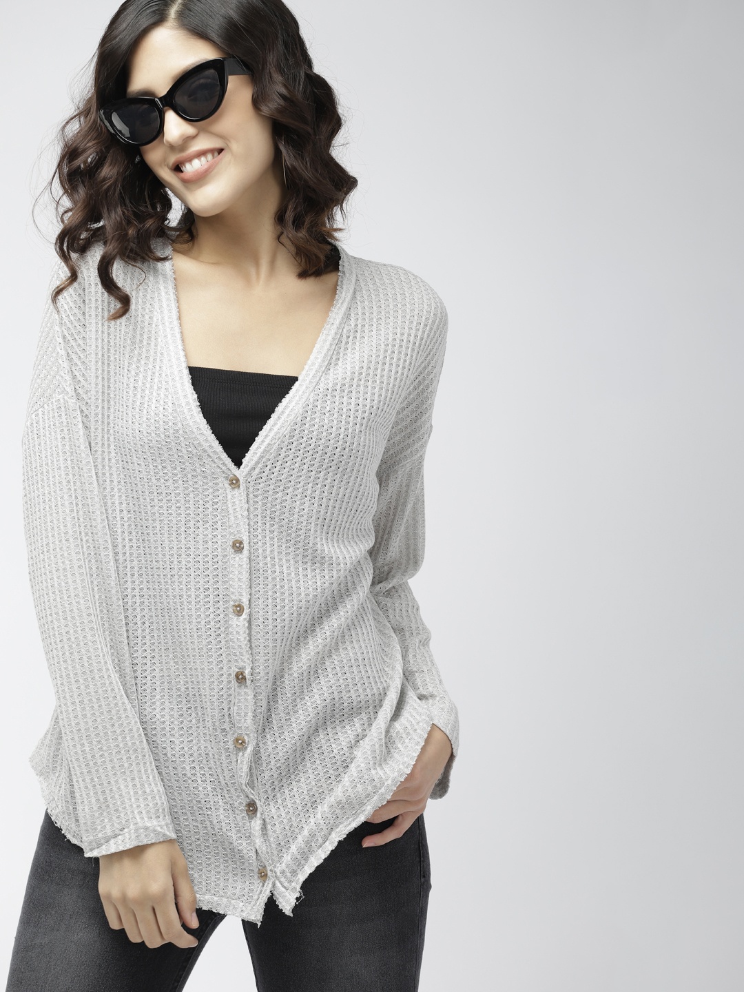 

FOREVER 21 Women Grey Self Design Boxy Top