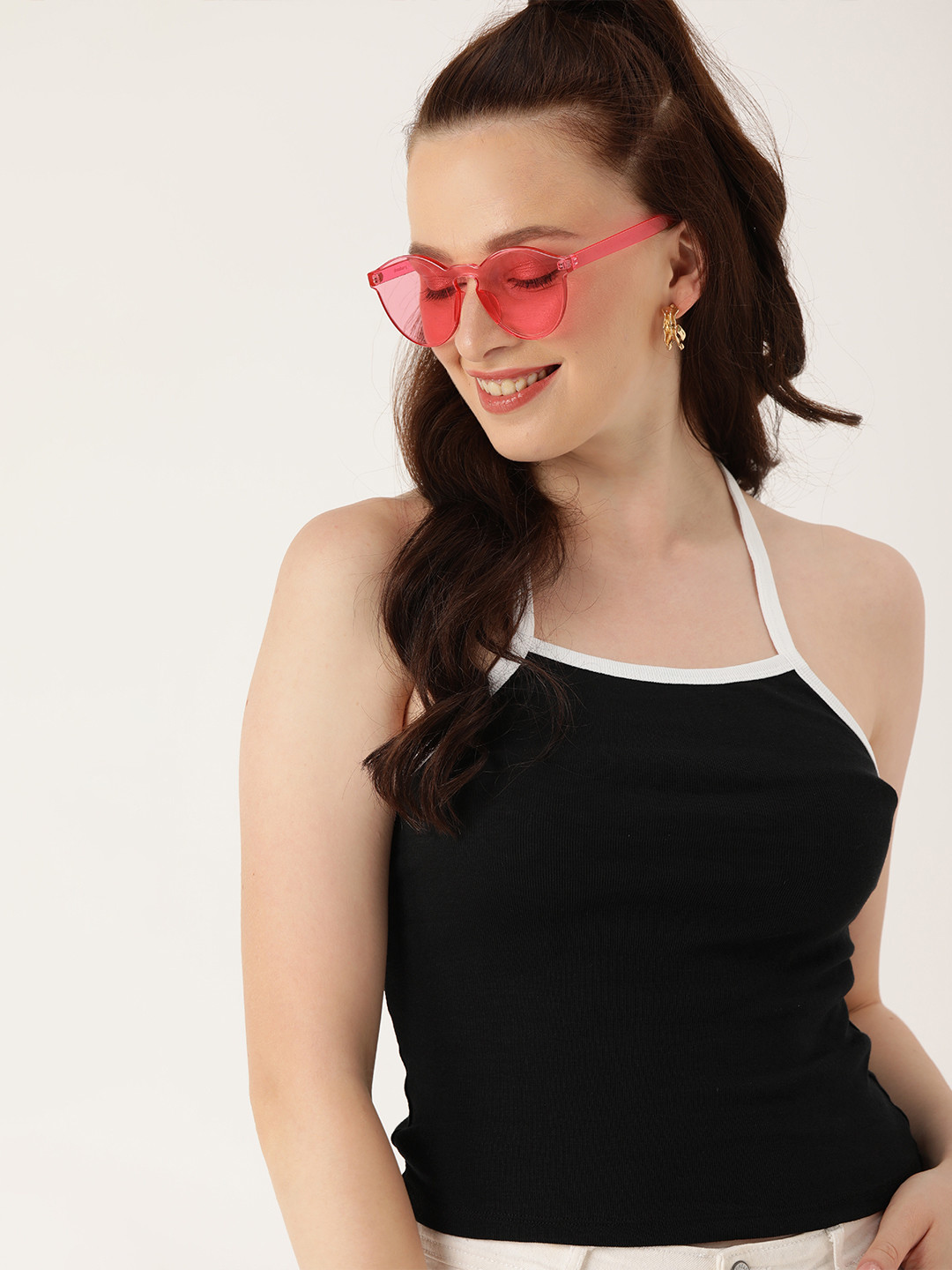 

FOREVER 21 Women Black Solid Halter Neck Fitted Crop Pure Cotton Top