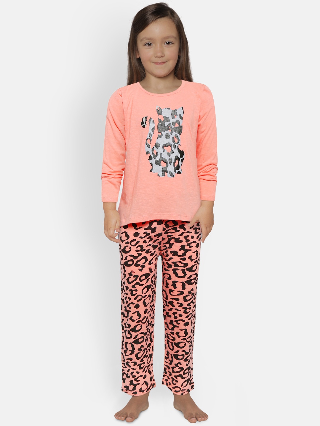 

FUNKRAFTS Girls Pink Coral & Black Printed Night Suit