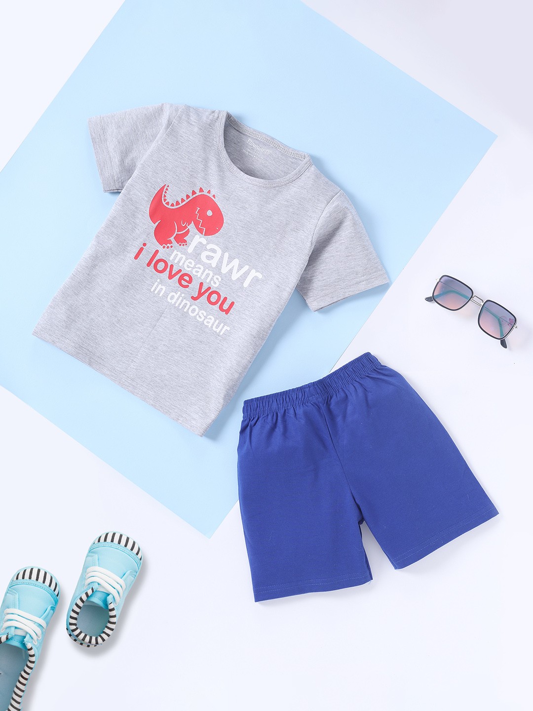 

FUNKRAFTS Boys Grey Melange & Blue Printed Night Suit