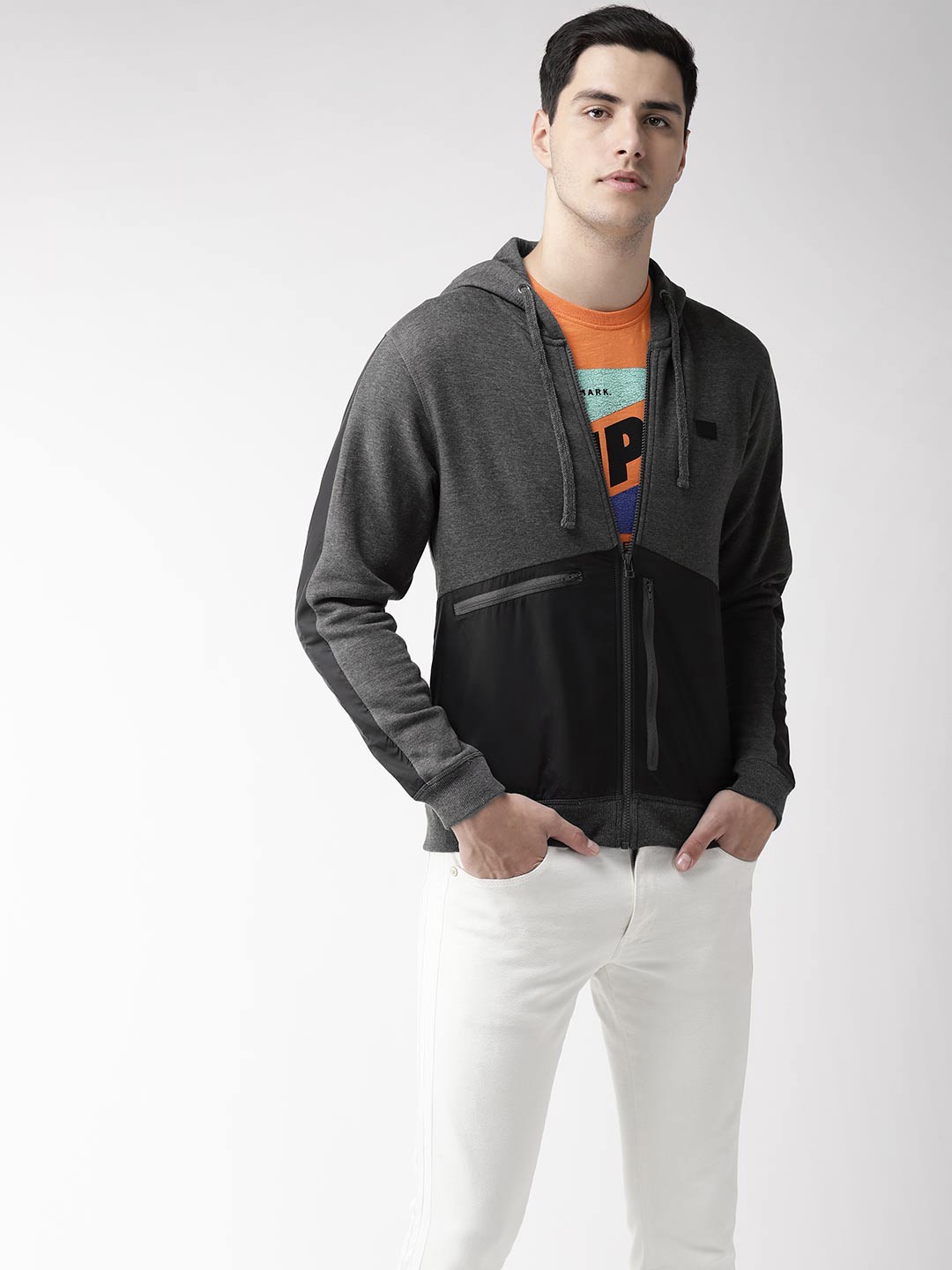 

Flying Machine Men Charcoal Grey Colourblocked Hooded Sweatshirt