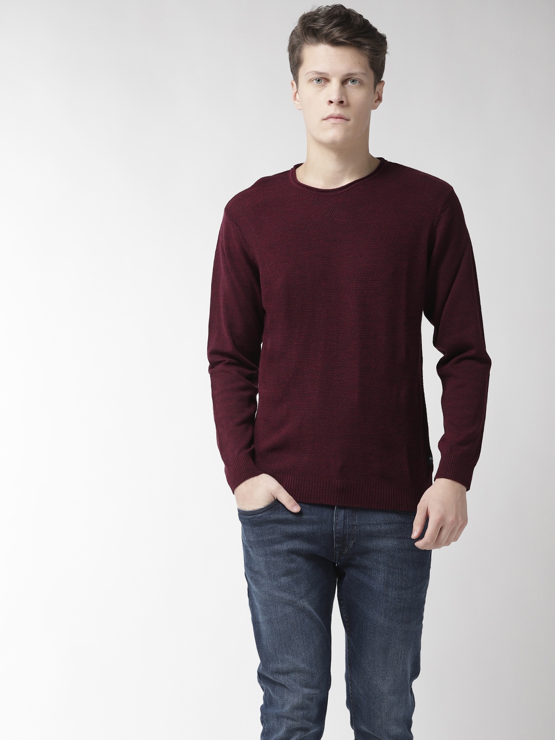 

Flying Machine Men Maroon Self-Design Sweater