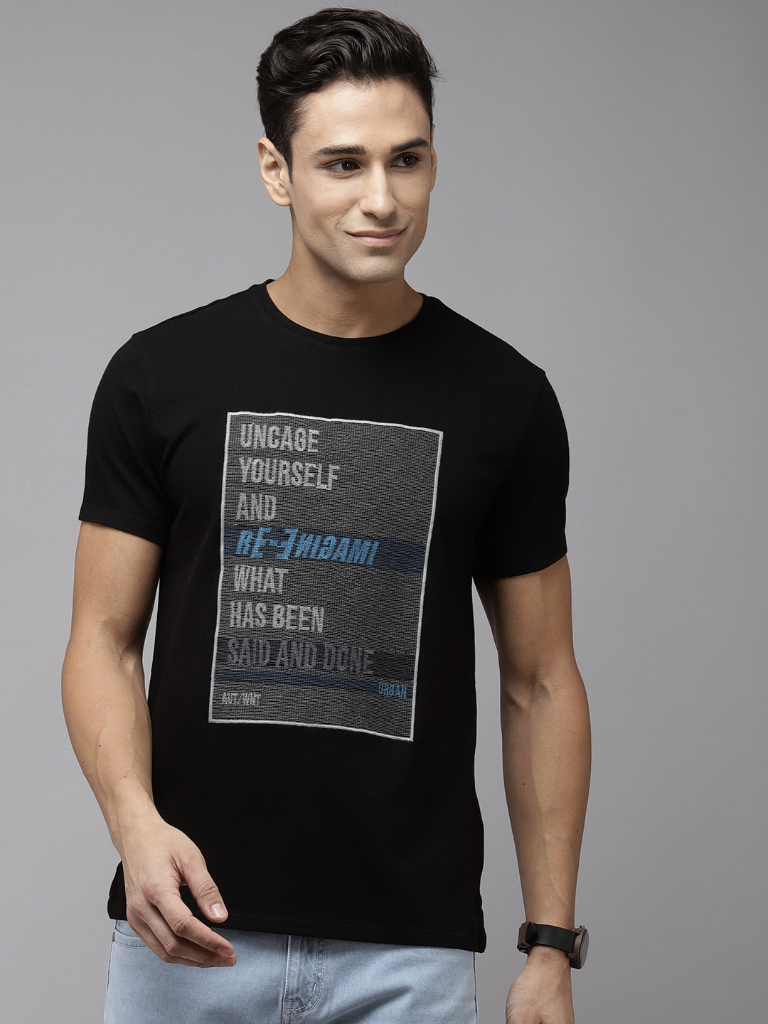 

Blackberrys Men Black & Grey Typography Embroidered T-shirt