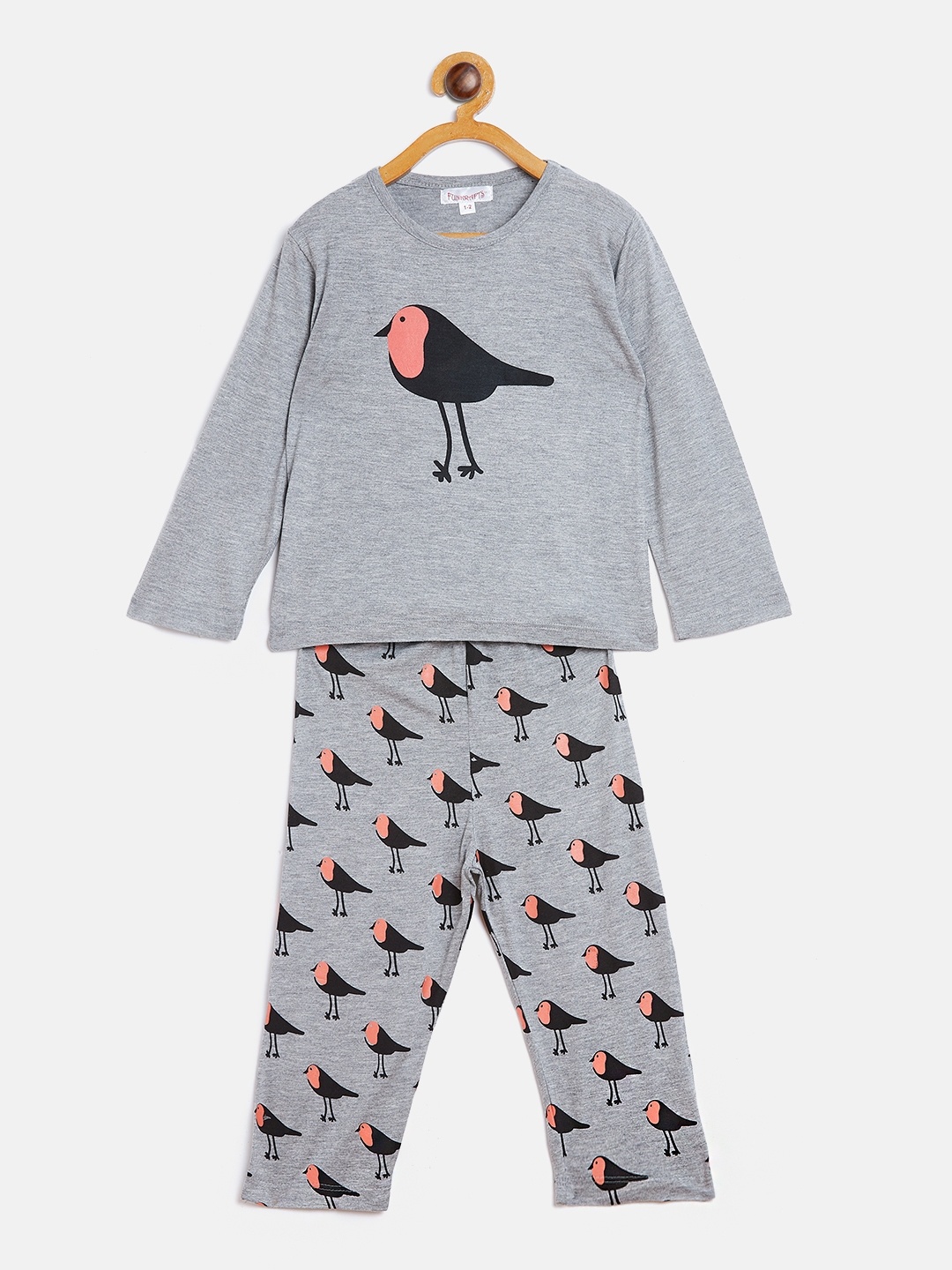 

FUNKRAFTS Kids Grey Melange & Black Printed Night Suit