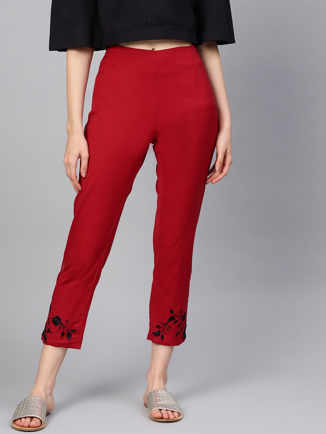 

PINKSKY Women Red Smart Slim Fit Solid Cigarette Cropped Trousers