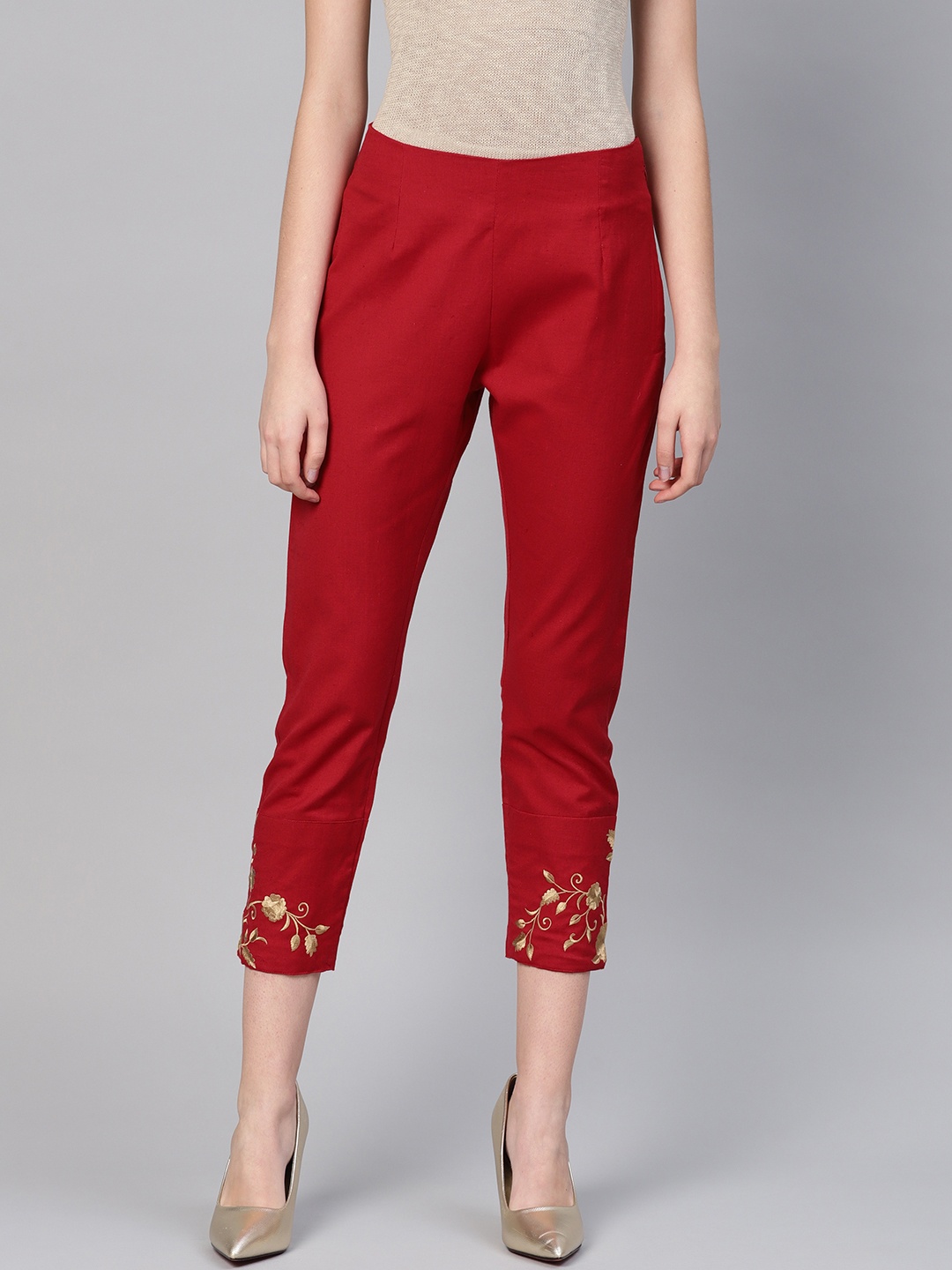 

PINKSKY Women Red Smart Slim Fit Solid Cigarette Trousers