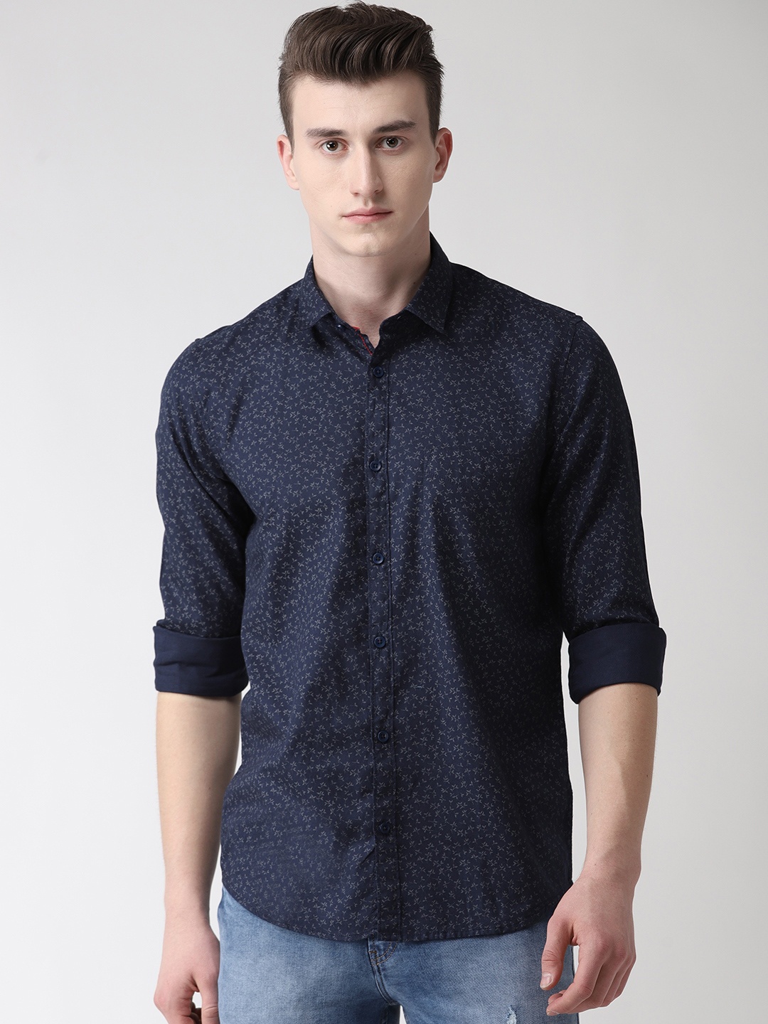 

Richlook Men Navy Blue & Grey Slim Fit Printed Casual Shirt
