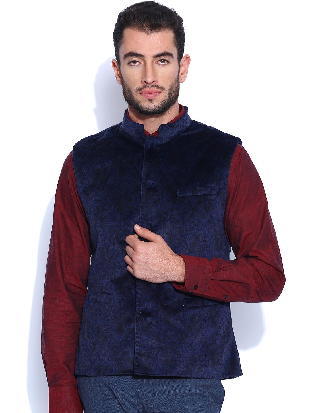

Arrow Purple Printed Body Tailored Fit Nehru Jacket