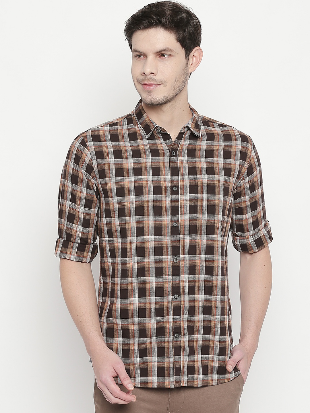 

BYFORD by Pantaloons Men Brown & Beige Slim Fit Checked Casual Shirt