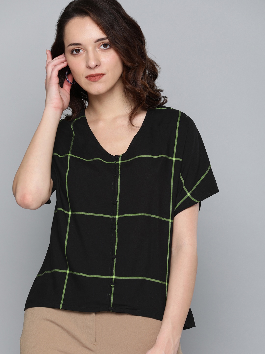 

HERE&NOW Women Black & Green Checked Top