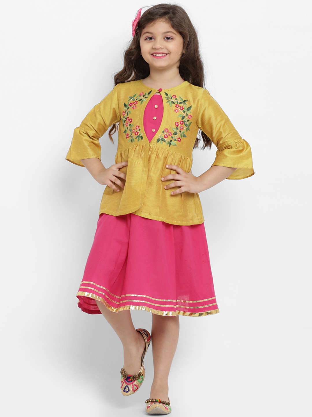 

Bitiya by Bhama Girls Yellow & Pink Floral Fit and Flare Dress