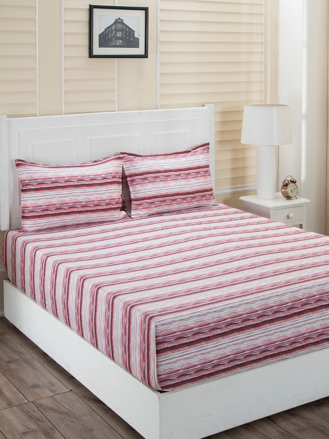 

In-House by maspar Pink & White Striped 210 TC Cotton 1 Queen Bedsheet with 2 Pillow Covers