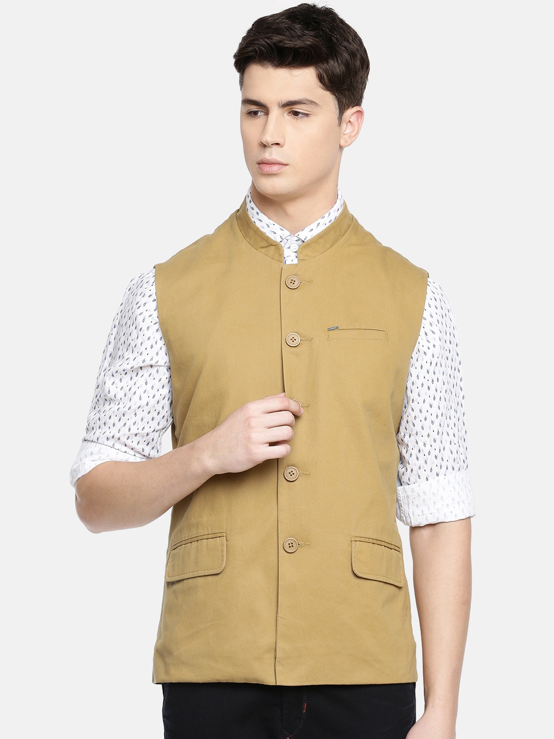 

SPYKAR Men Khaki Solid Pure Cotton Nehru Jacket