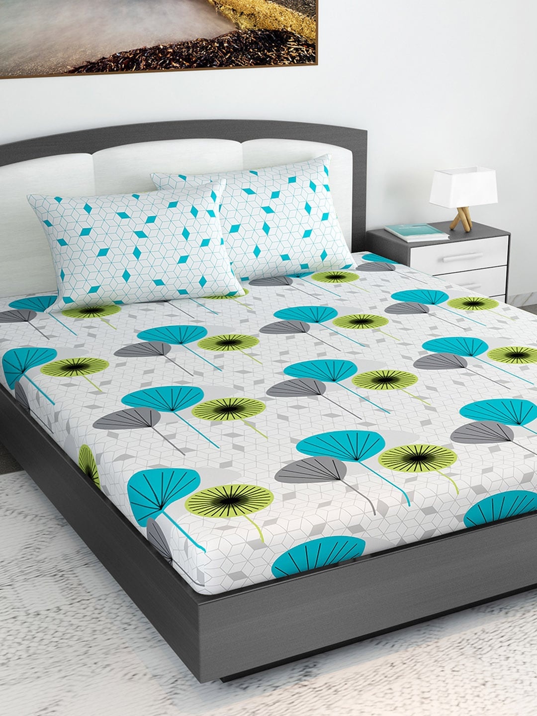 

Divine Casa White & Turquoise Blue Floral 120 TC Cotton 1 King Bedsheet & 2 Pillow Cover