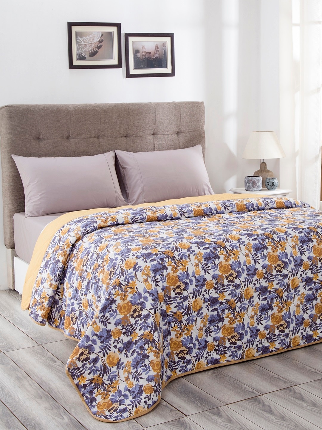 

In-House by maspar Yellow & Blue Floral Summer 100 GSM Cotton Reversible Double Comforter