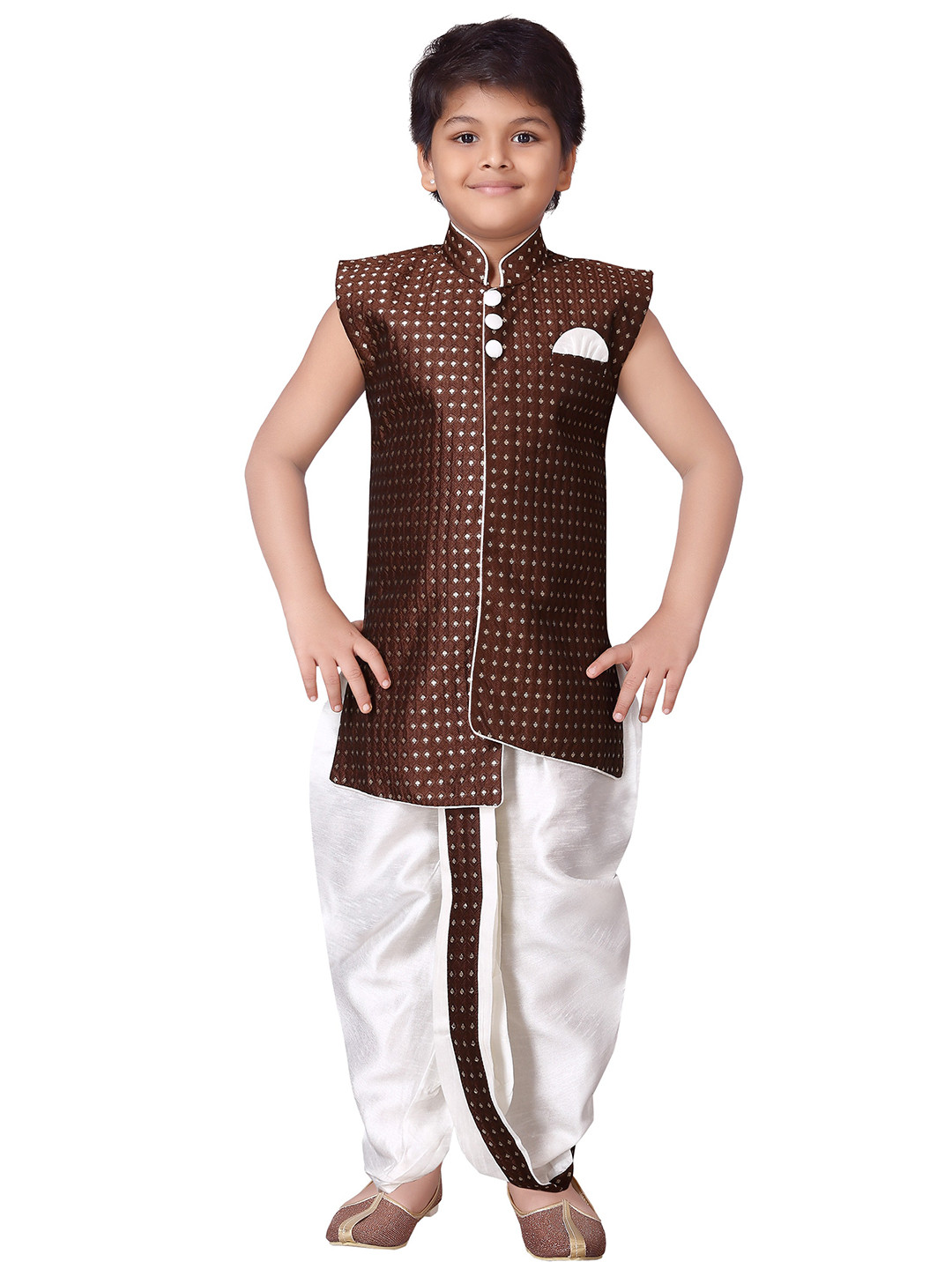 

Aj DEZInES Boys Brown & White Self Design Kurta with Dhoti Pants