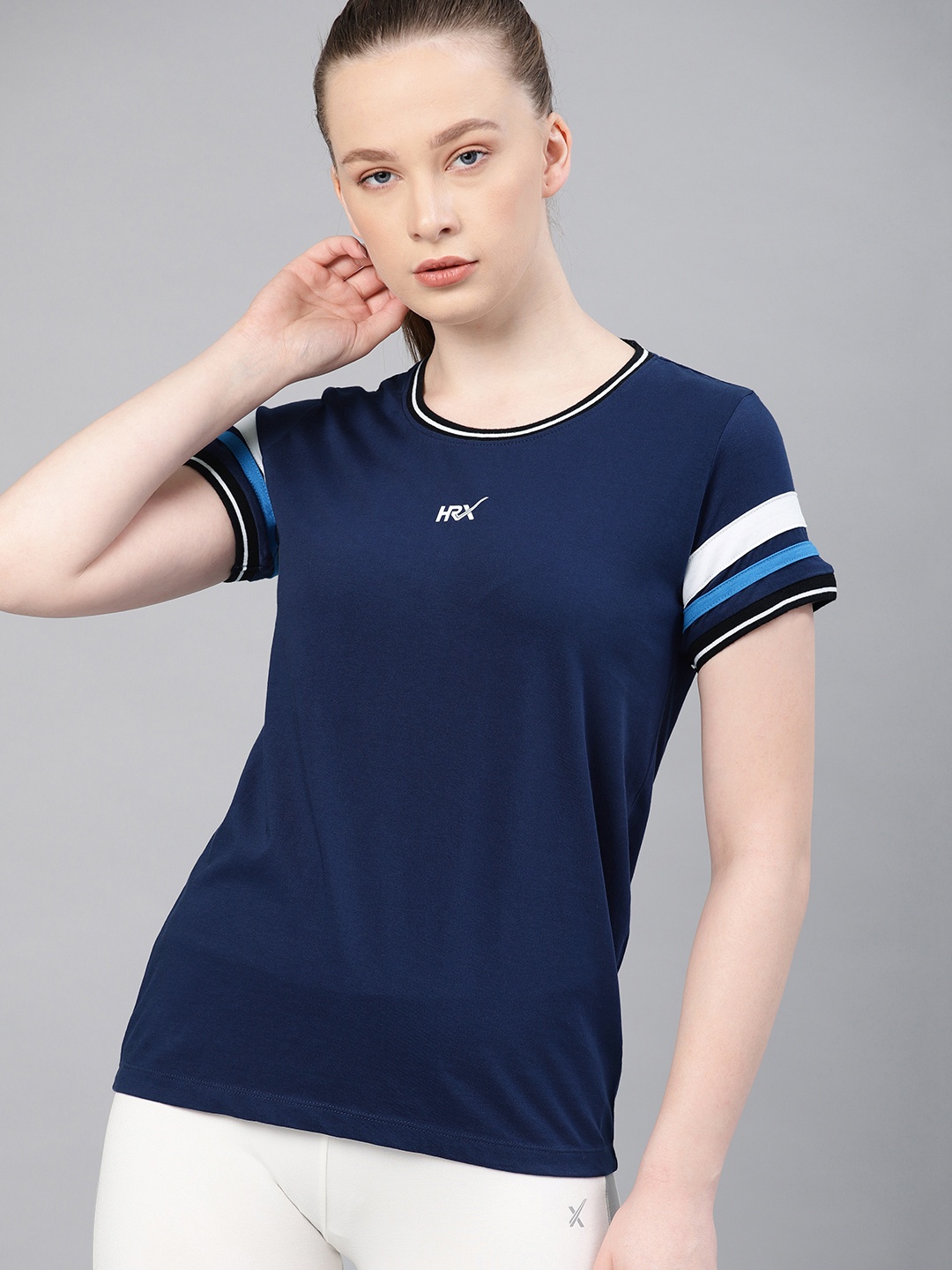

HRX by Hrithik Roshan Women Navy Blue Solid Round Neck Pure Cotton T-shirt