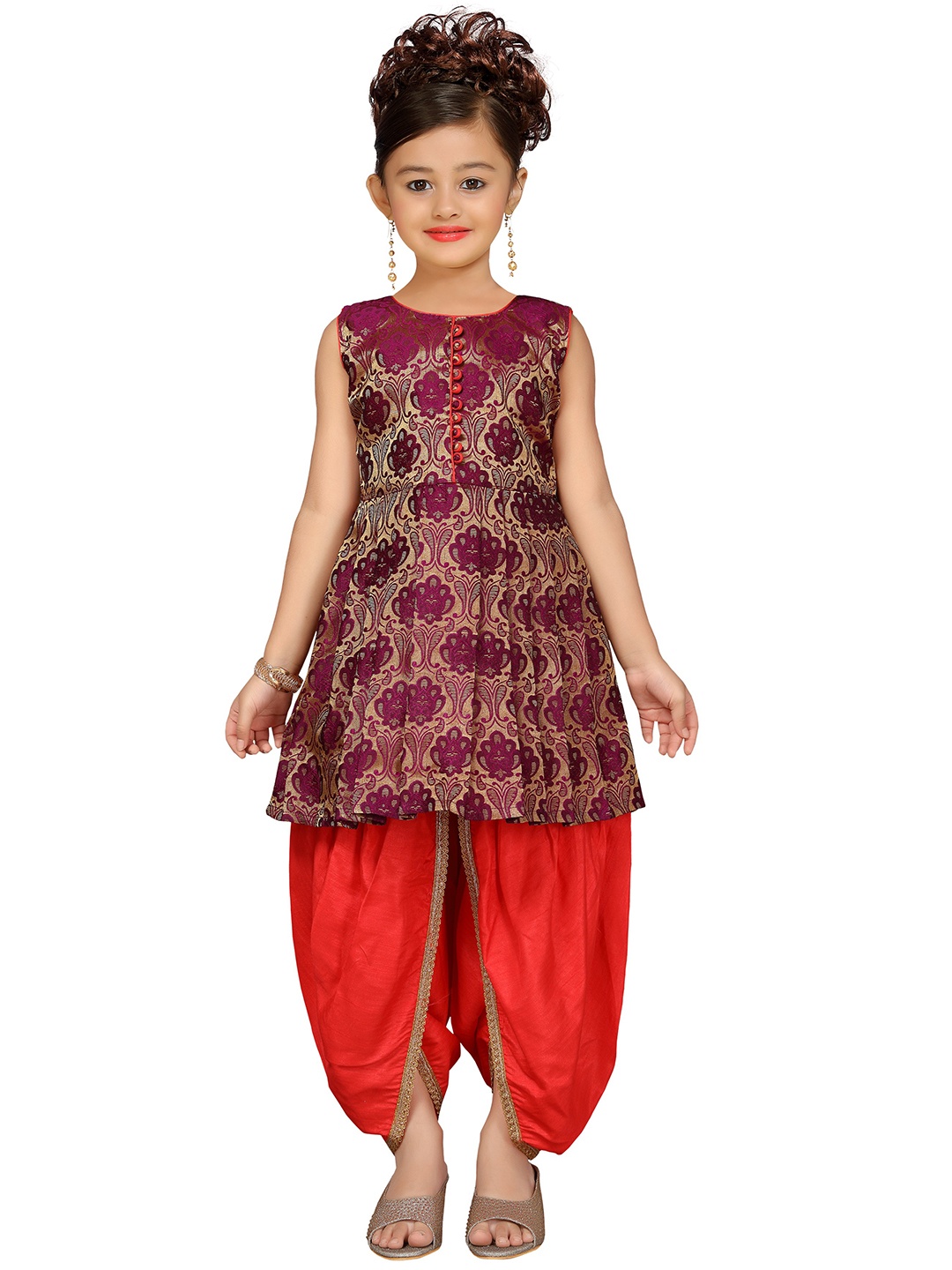 

ADIVA Girls Burgundy & Orange Self Design Brocade Kurta with Dhoti Pants
