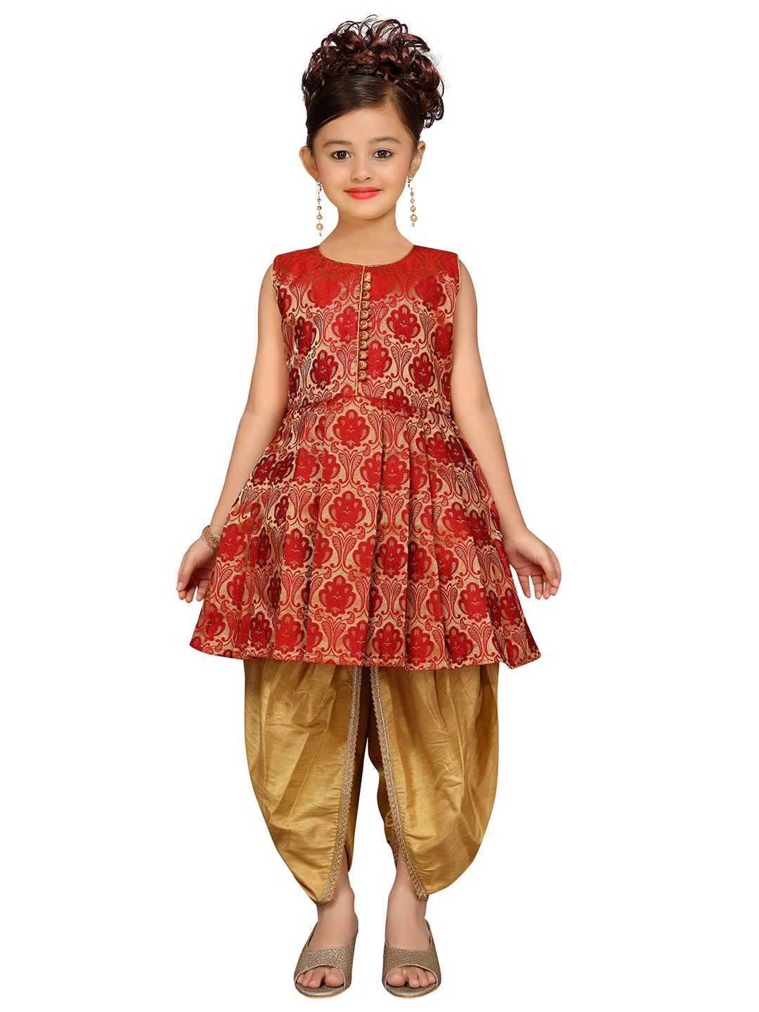 

ADIVA Girls Red & Yellow Self Design Brocade Kurta with Dhoti Pants