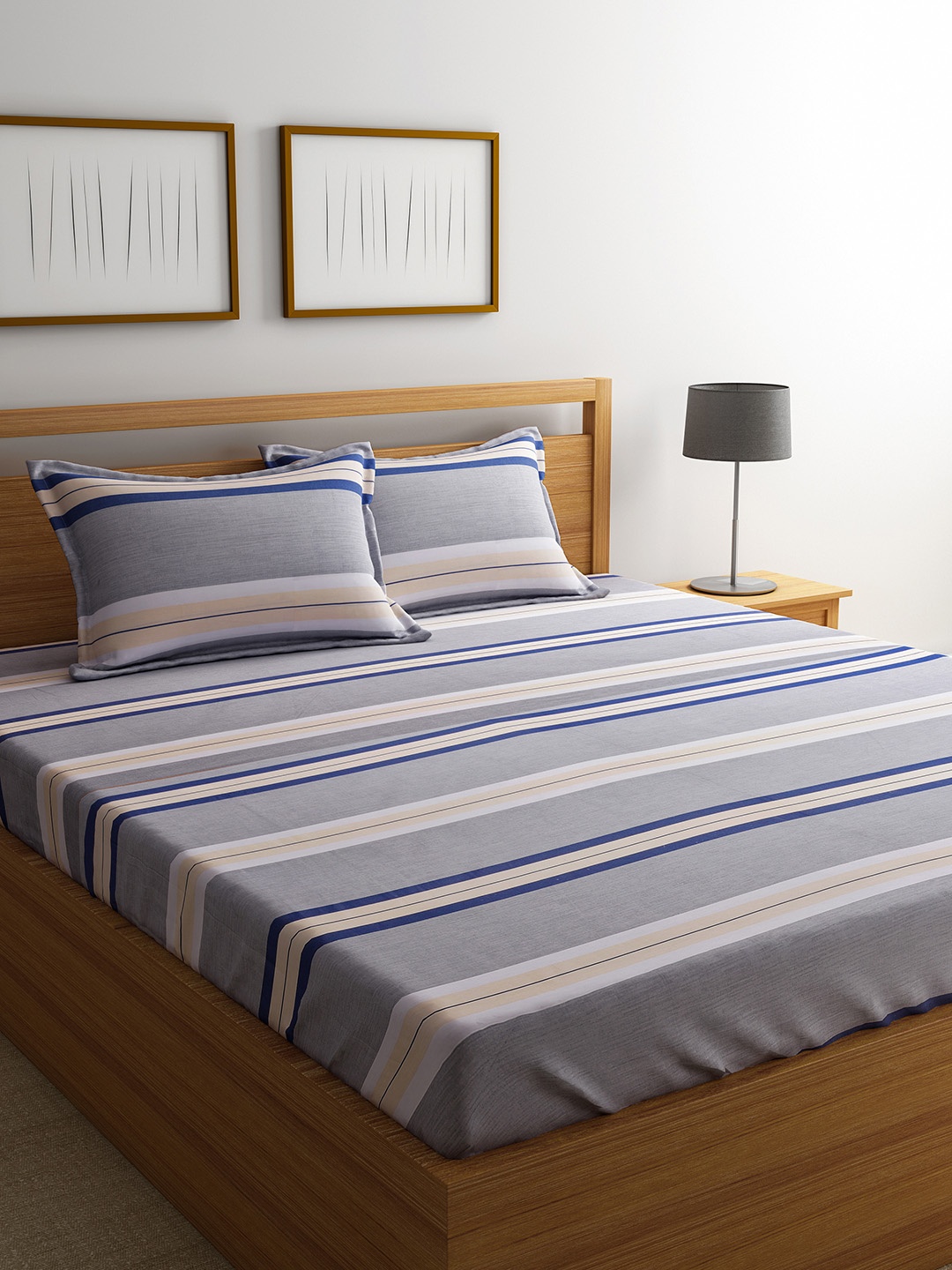 

RAGO Grey & Blue Striped 210 TC Cotton 1 King Bedsheet with 2 Pillow Covers