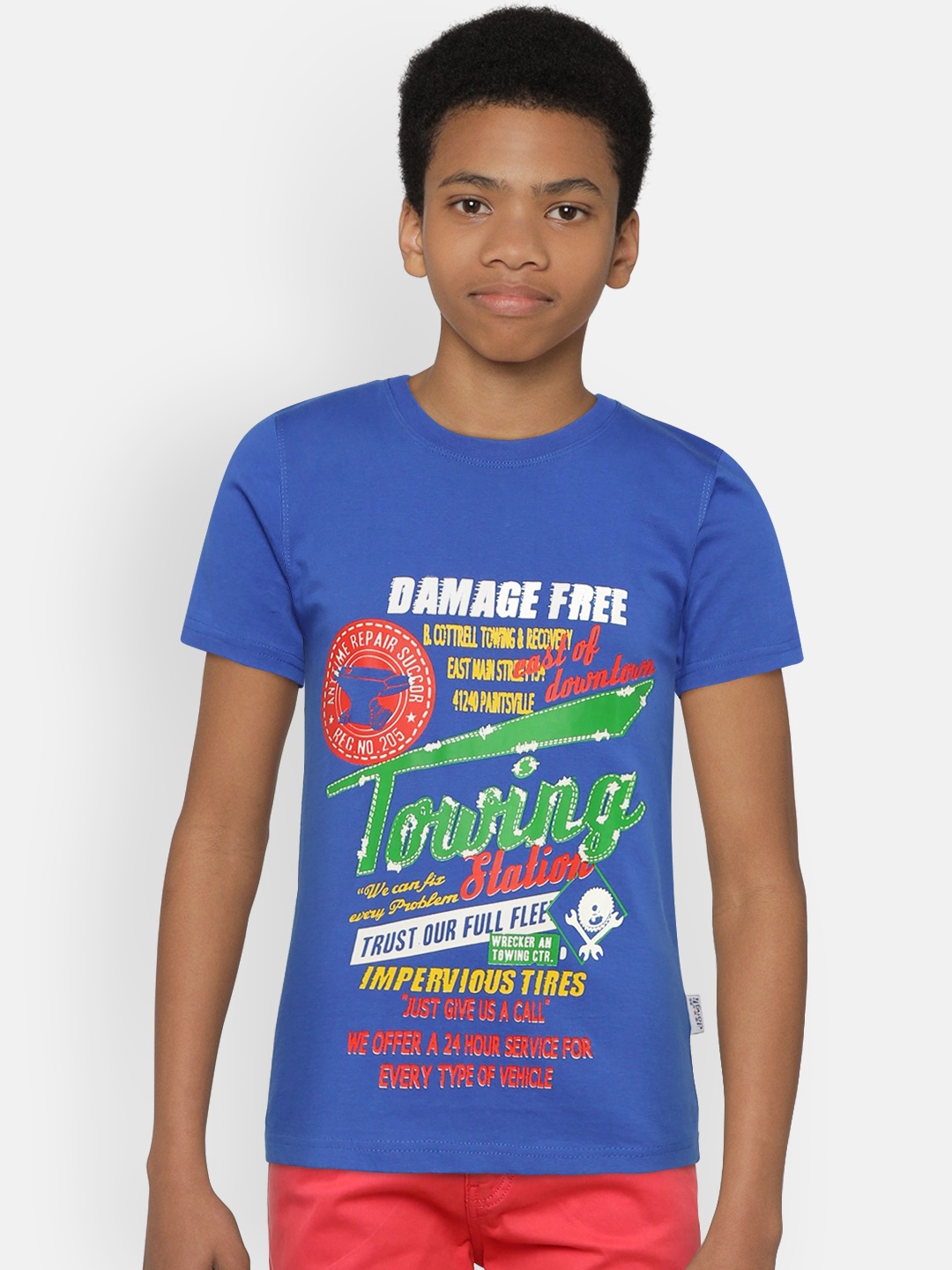 

dongli Boys Blue Printed Round Neck Pure Cotton T-shirt