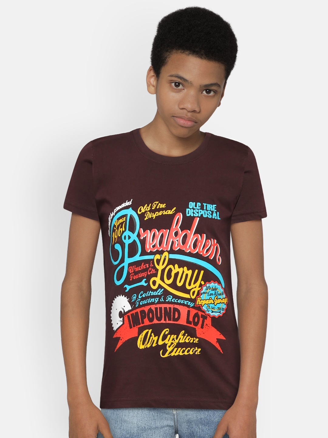 

dongli Boys Brown Printed Round Neck Pure Cotton T-shirt