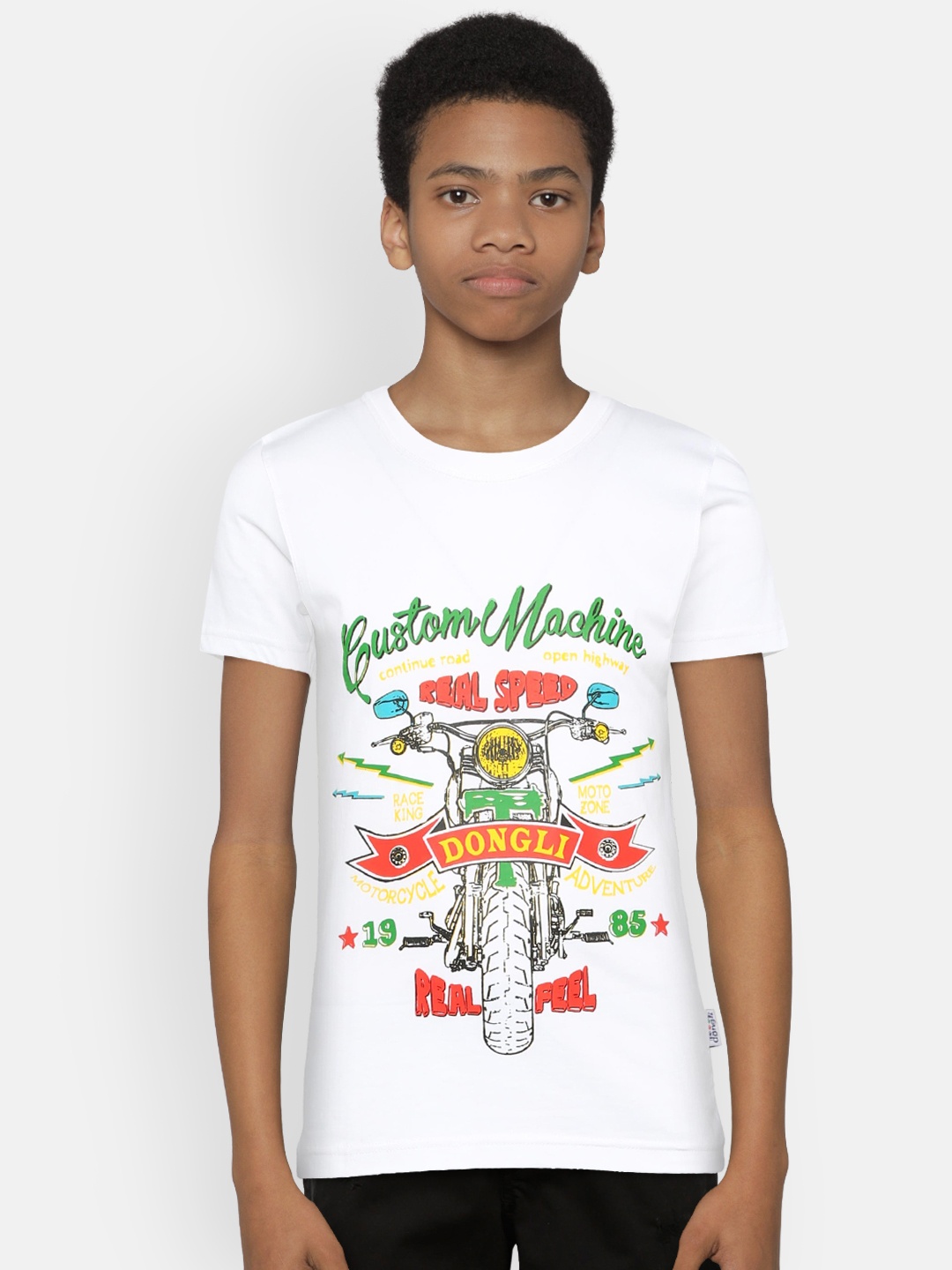 

dongli Boys White Printed Round Neck Pure Cotton T-shirt