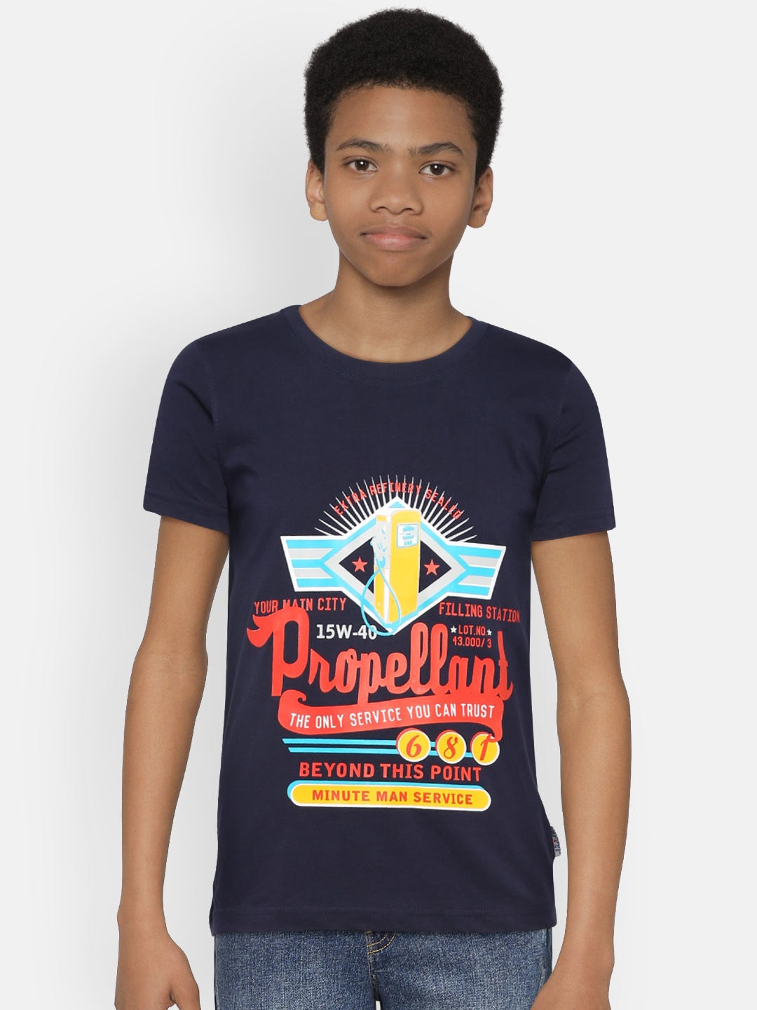 

dongli Boys Navy Blue Printed Round Neck T-shirt
