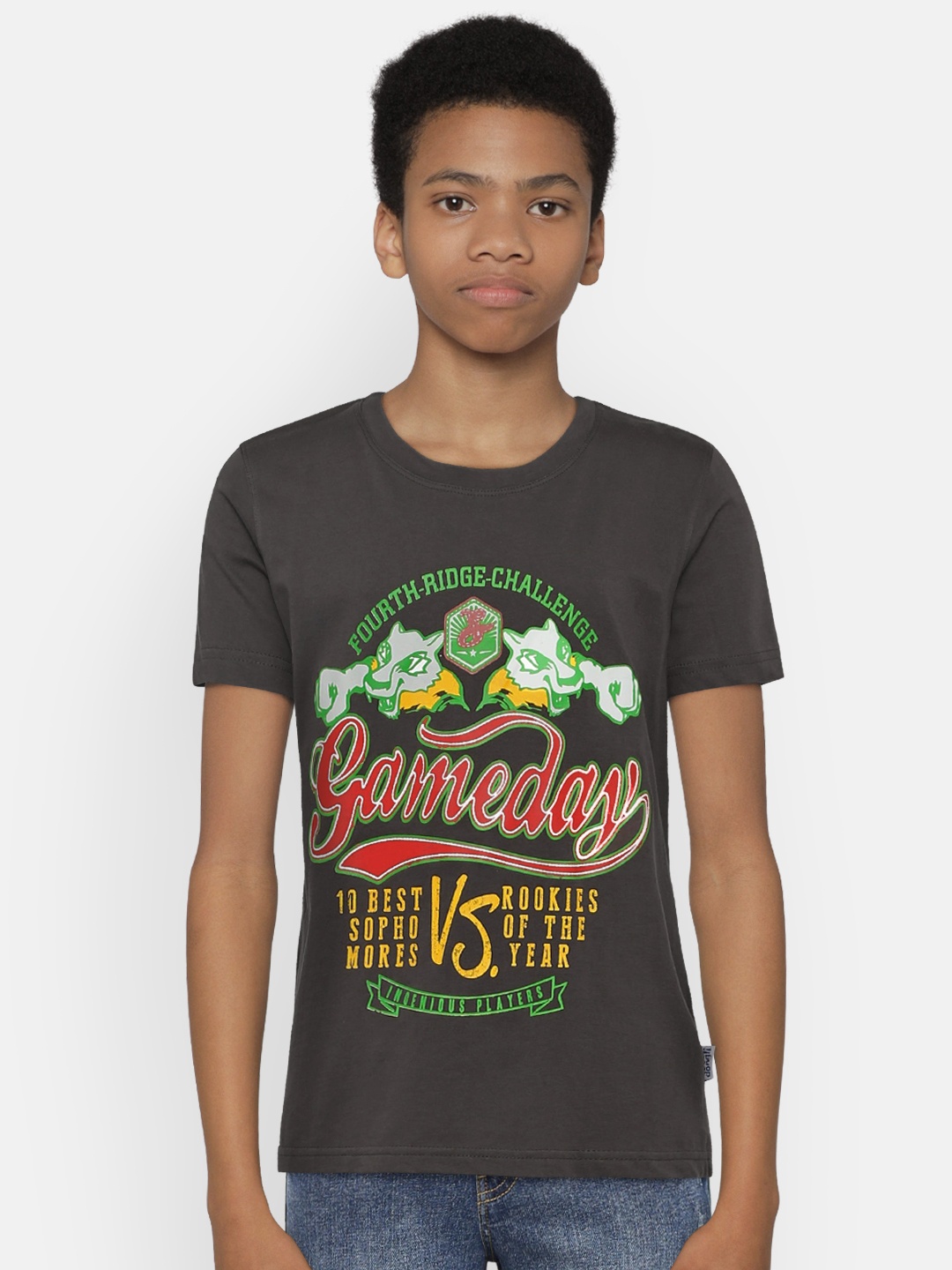 

dongli Boys Grey Printed Round Neck Pure Cotton T-shirt
