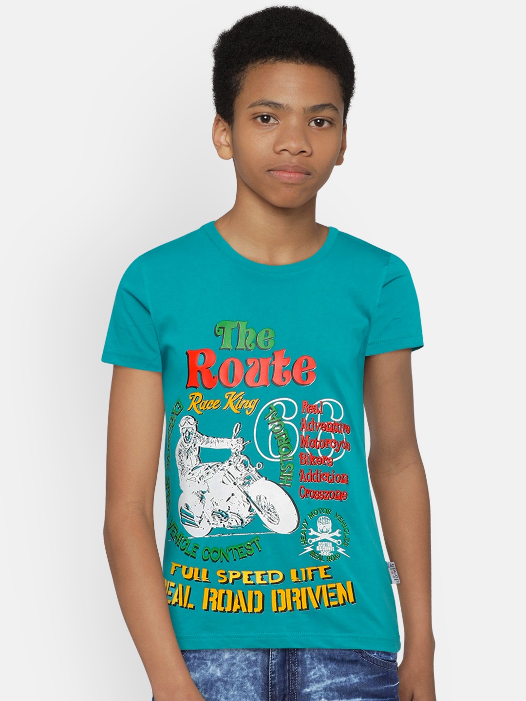 

dongli Boys Sea Green Printed Round Neck T-shirt