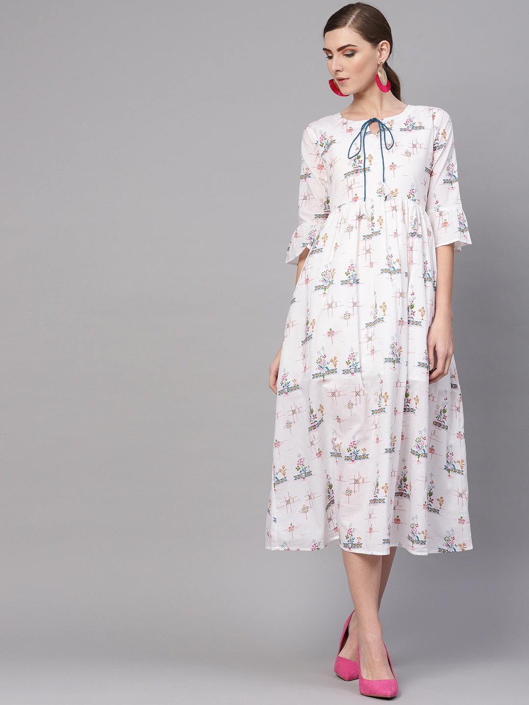 

GERUA Women White & Blue Floral Print A-Line Dress