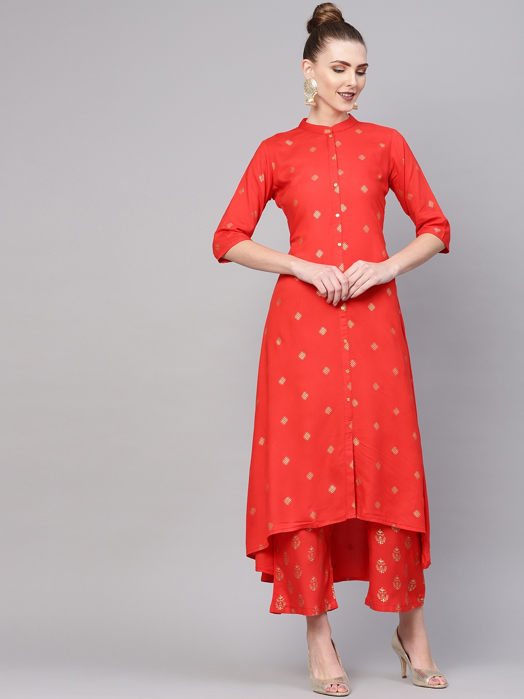 

GERUA Women Red & Golden Block Print Kurta with Palazzos