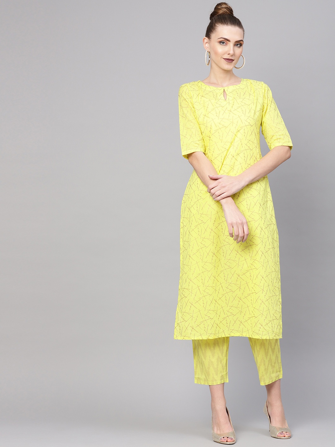 

Gerua By Libas Women Lime Green Golden Block Print Kurta with Trousers