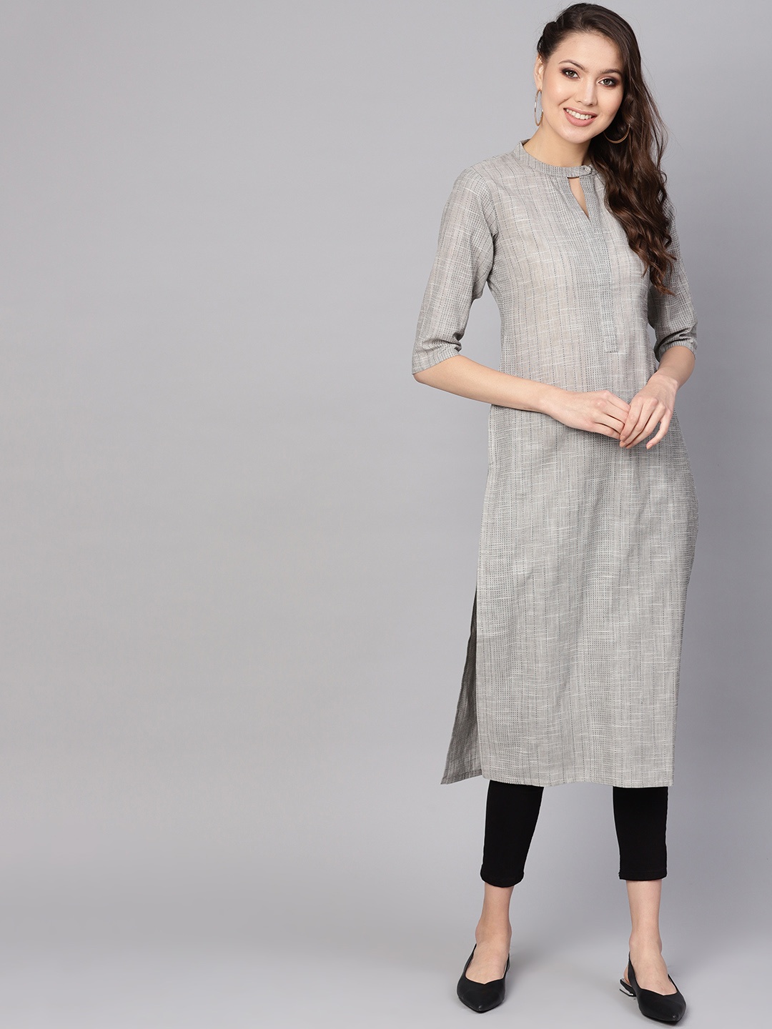 

Gerua By Libas Women Grey Self-Striped Straight Kurta