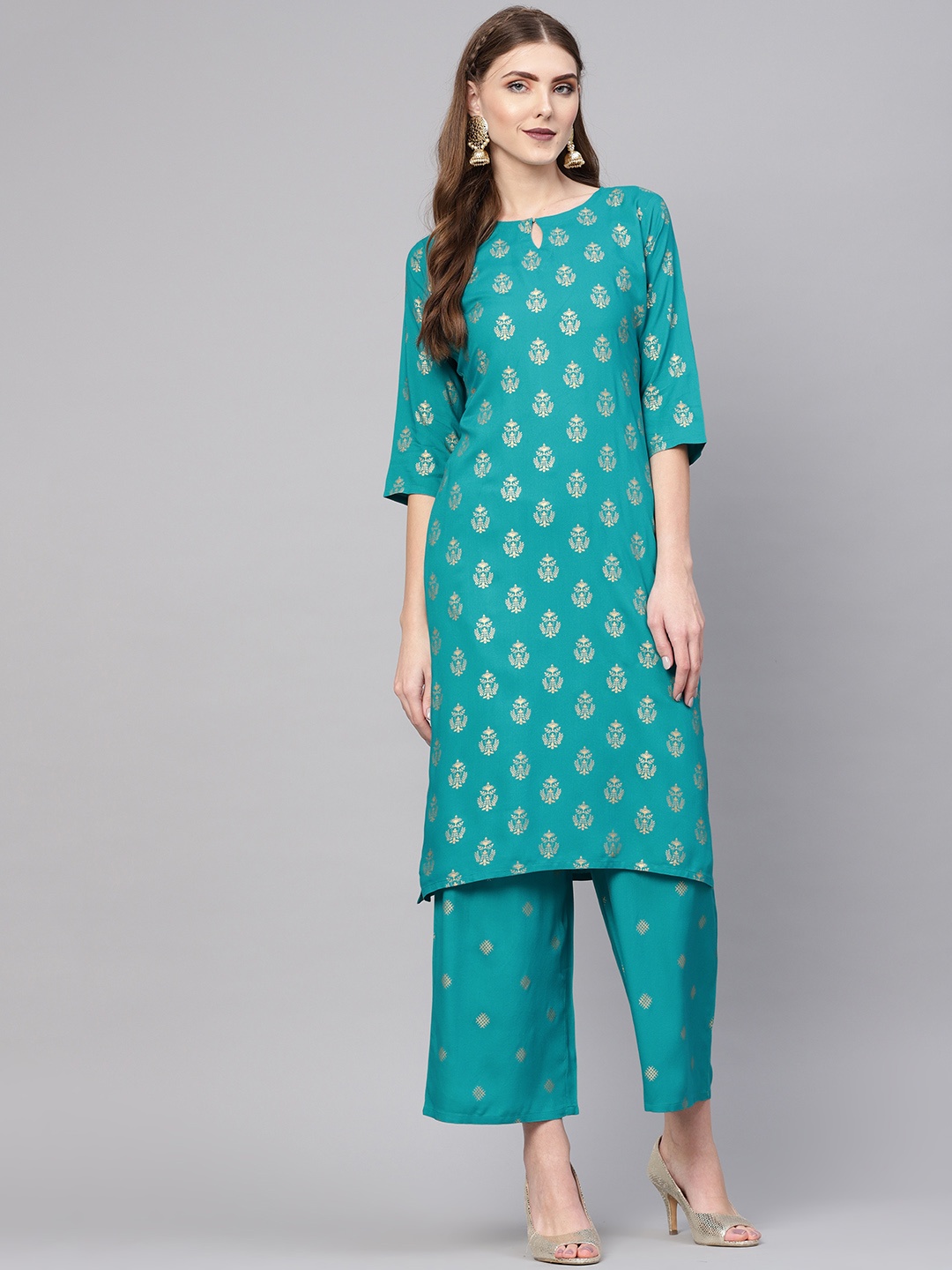 

Gerua By Libas Women Blue Golden Block Print Kurta with Palazzos