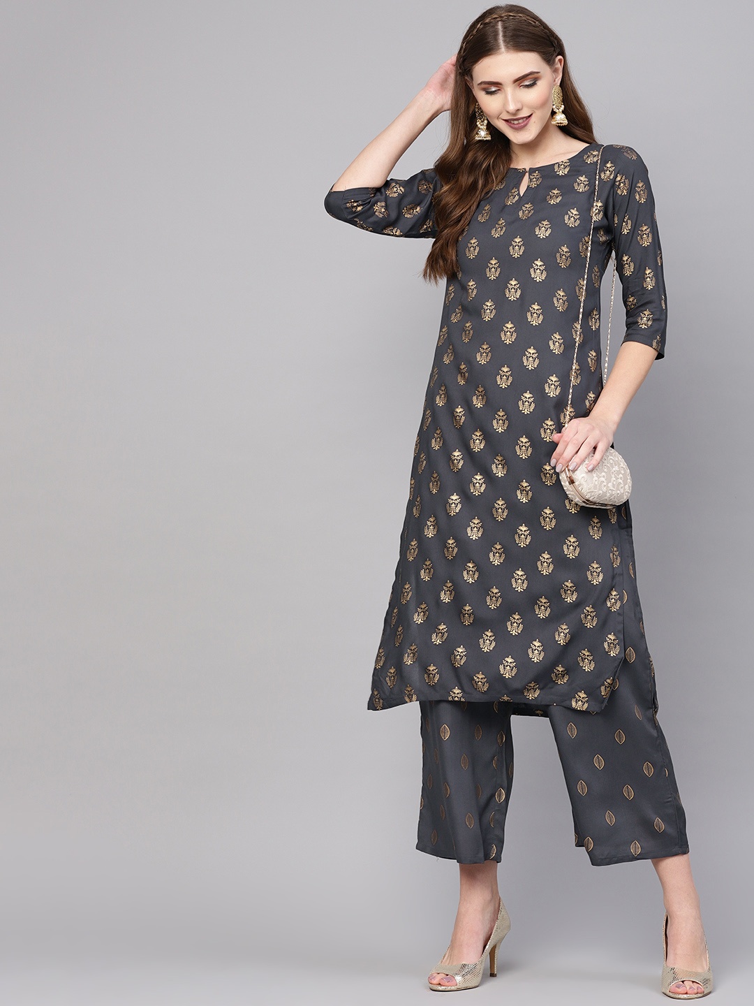 

Gerua By Libas Women Charcoal Grey Golden Block Print Kurta with Palazzos