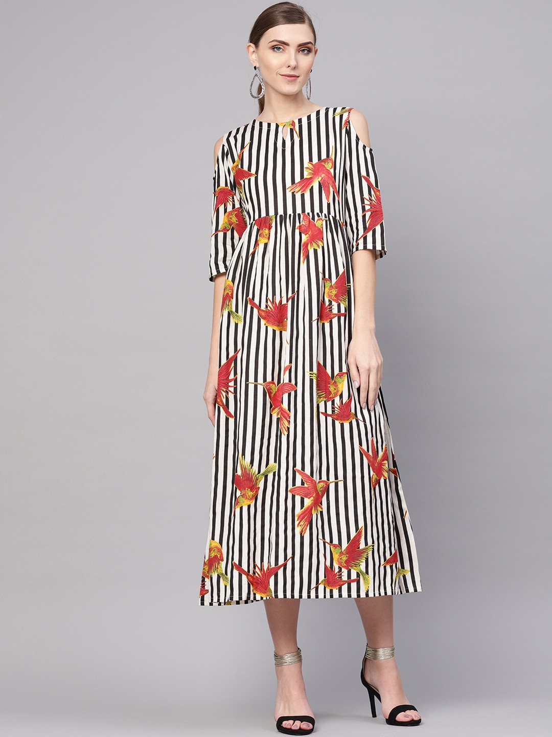 

GERUA Women Off-White & Black Bird Printed A-Line Dress